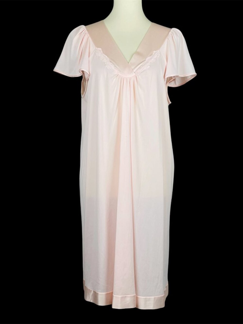 Vtg 60s 70s Vanity Fair V Neck Nightgown Sz L Pink Nylon Floral Lace Sheer Silky